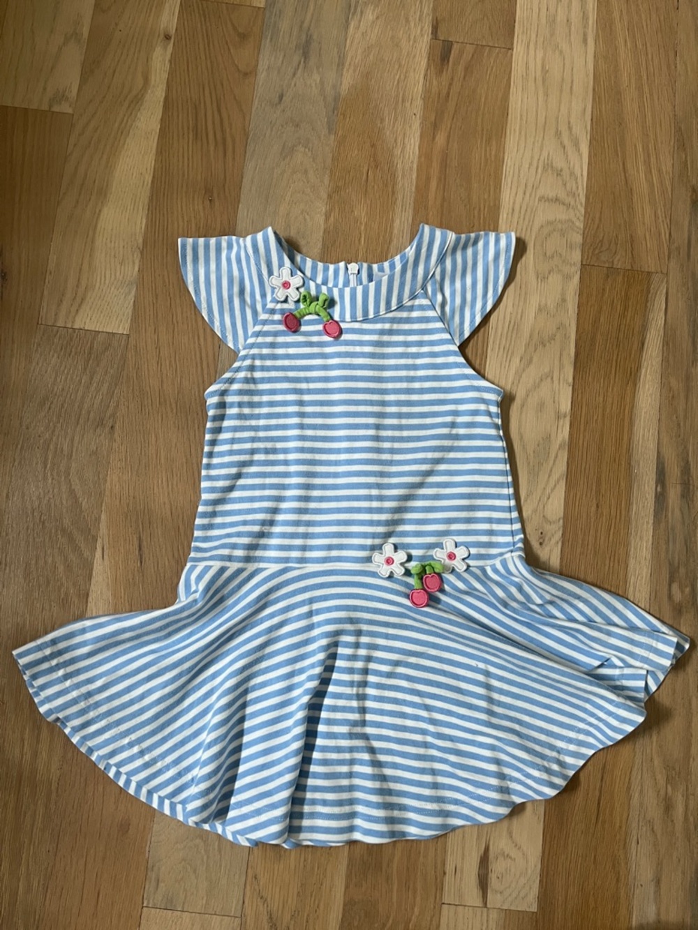 Florence Eiseman Girls Blue and White Stripe Cherry Appliqué Dress size 4
